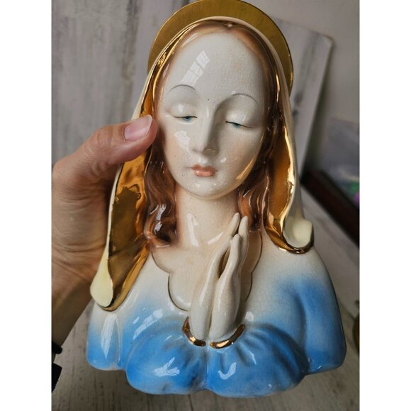 Virgin Mary vintage vase praying statue ceramic basket trinket large 9" tall x 7 - Picture 8 of 9